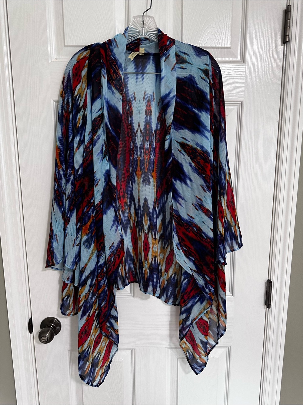 Chenault Sheer Kimono Cardigan in Light Blue with Navy & Red Accents
